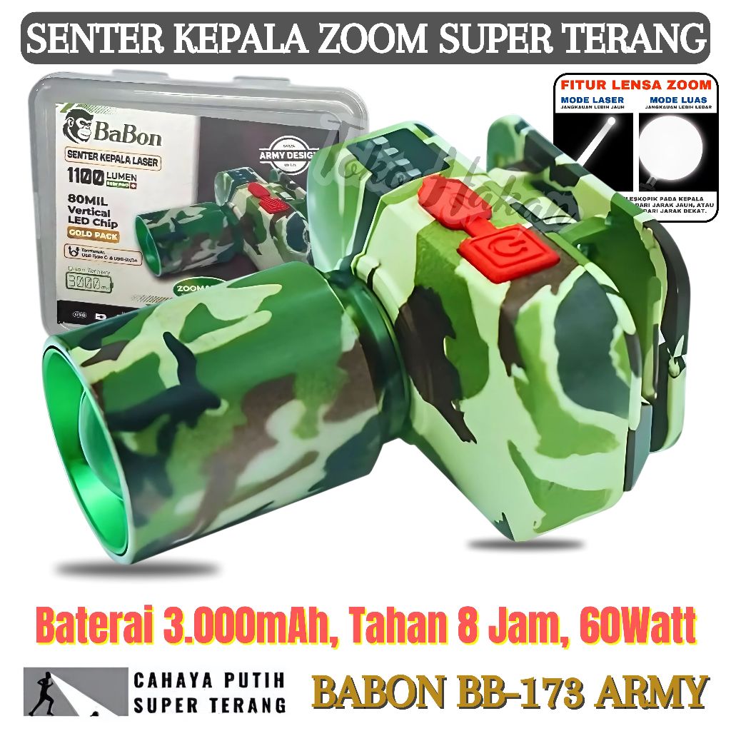 Senter Kepala Super Terang BaBon BB-173 ARMY Zoom / Senter Led Zoom / Senter Kepala Super Terang / S