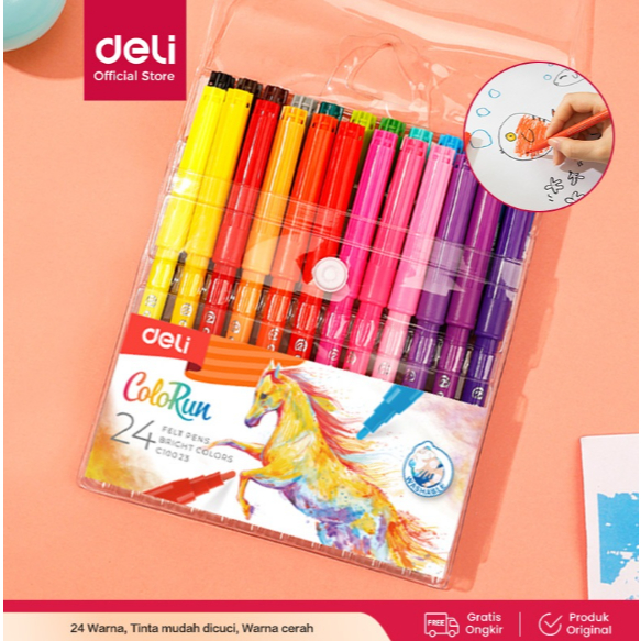 

Deli - Spidol Felt Pen 24 Warna Colorun Washable 1.0 mm - C10023