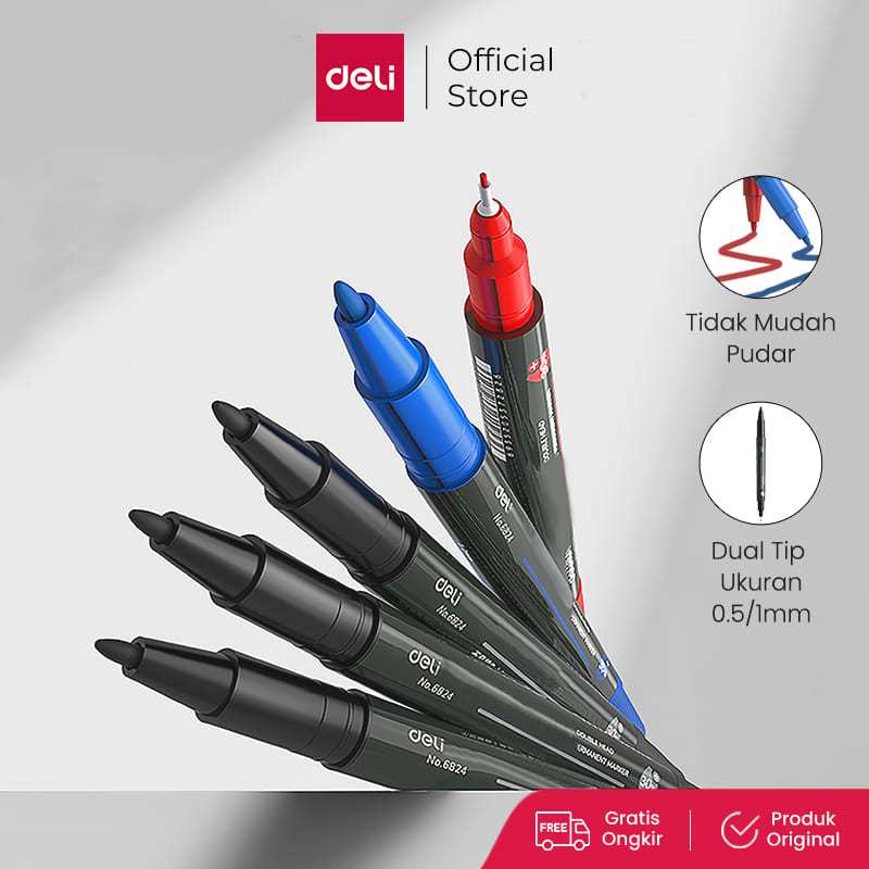 

Deli Spidol Double Dual Tip Ujung Pena Ganda HITAM MERAH BIRU ukuran 0,5/1mm12pcs/Kotak 6824 warna cerah penilisan tulisan halus tidak mudah pudar