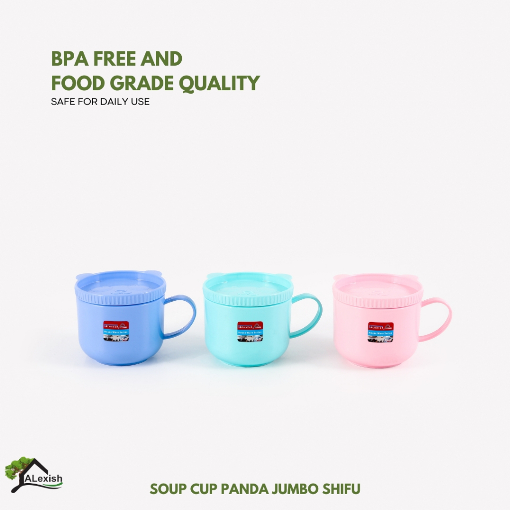 Soup Cup Panda Jumbo Plastik Mug Tutup Drat Bergagang Tebal & Cakep Alexish