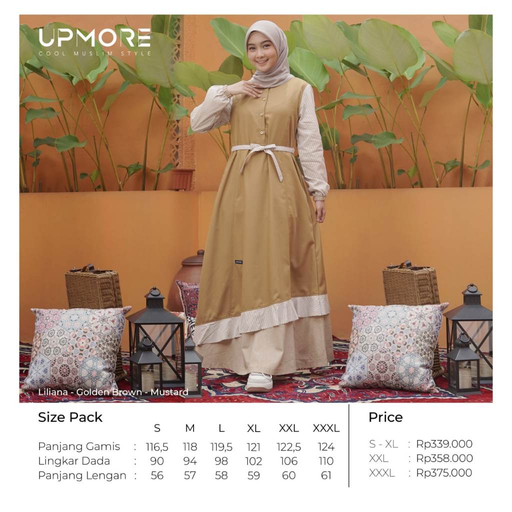 Upmore Liliana Golden Brown Mustard Dress Baju Gamis Dewasa Terbaru Mutif Fashion Muslim Wanita