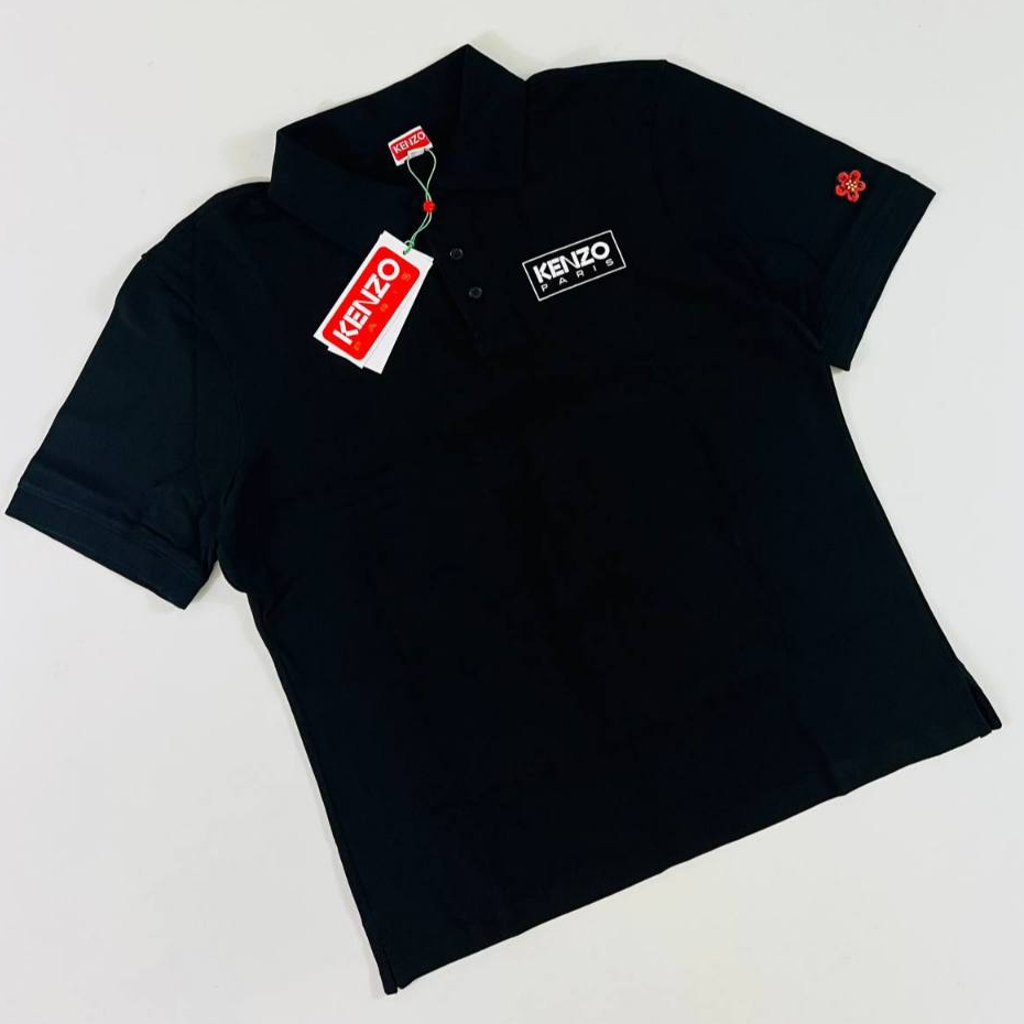 Kenzo Paris Box Logo/Boke Flower Embroidered Sleeve Black Polo T-Shirt - 100% ORIGINAL