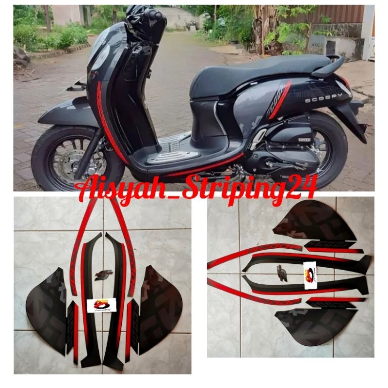 STIKER STRIPING LIS LES POLET BODY MOTOR HONDA SCOOPY SPORTY 2021 FULL HITAM