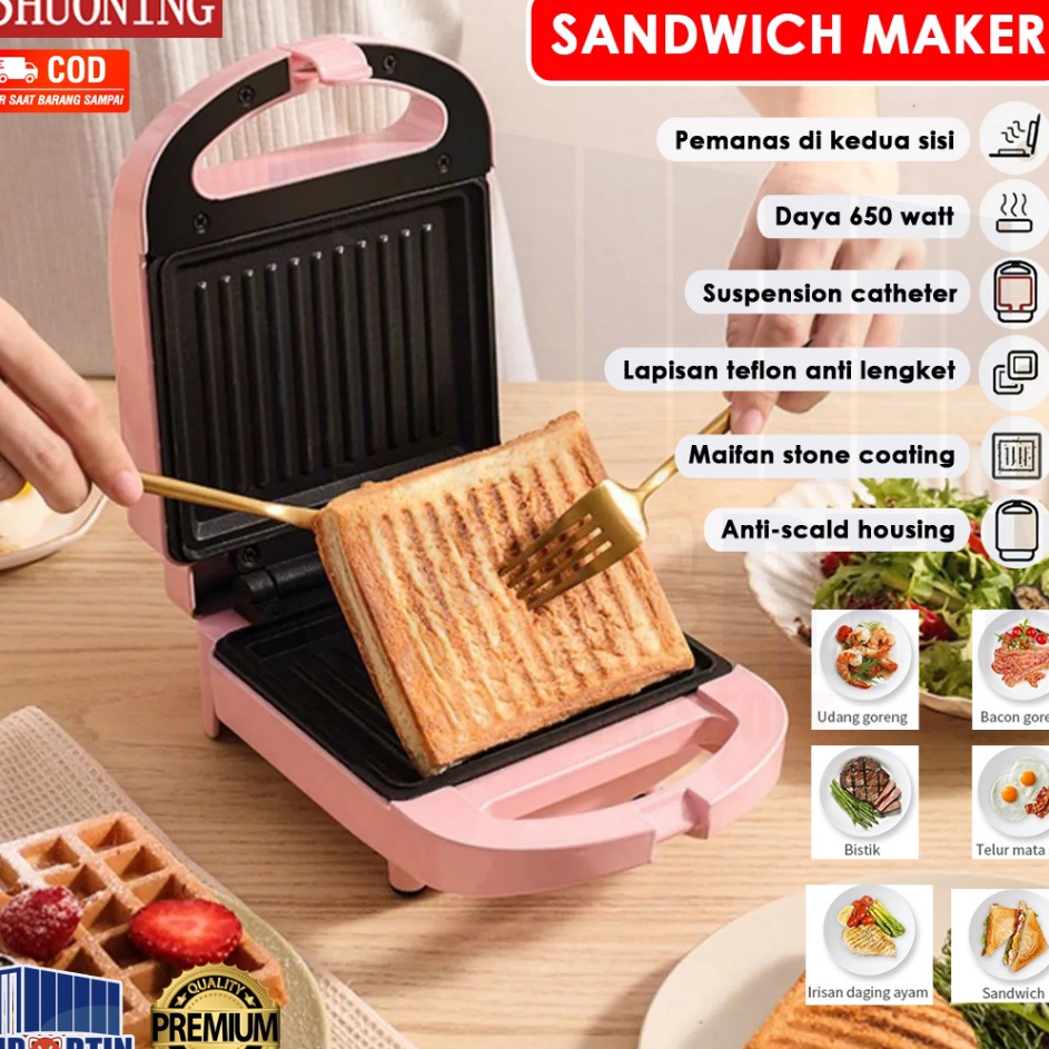 Borong Promo  Shuoning Sandwich Maker Pemanggang Roti Toaster Anti Lengket Low Watt Garansi 1 Tahun 