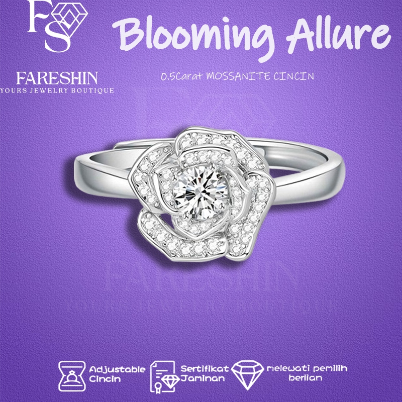 Faresin Cincin Wanita Moissanite Tunangan Lapis Emas 18K Silver 925 Blooming Allure Ring