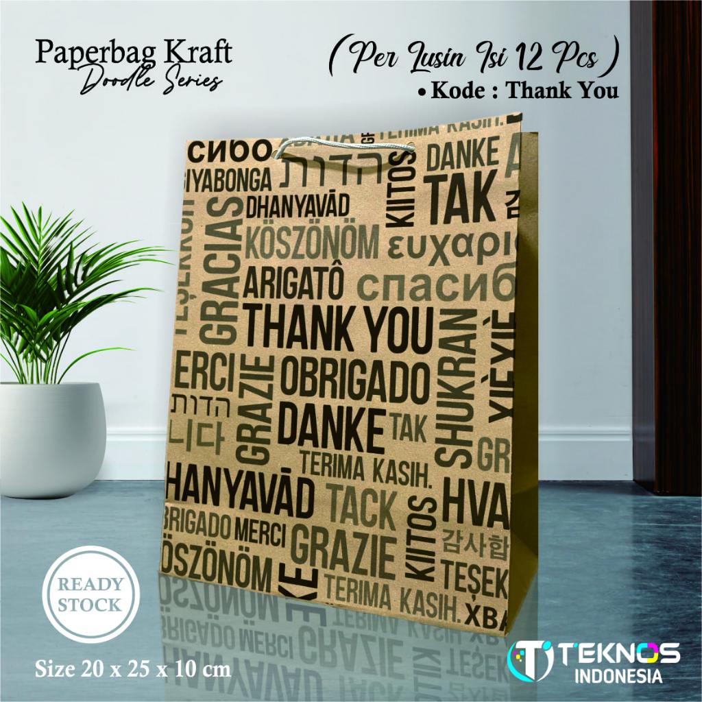 

(12pcs) PAPER BAG SABLON MOTIF THANK YOU UKURAN 20 X 25 X 10 CM READY STOCK LUSINAN