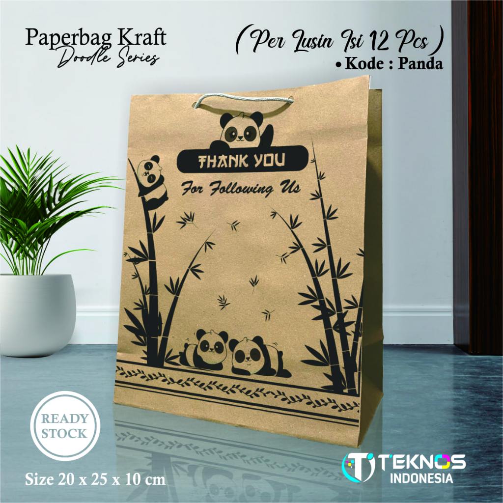 

(12pcs) PAPER BAG SABLON MOTIF PANDA UKURAN 20 X 25 X 10 CM READY STOCK LUSINAN