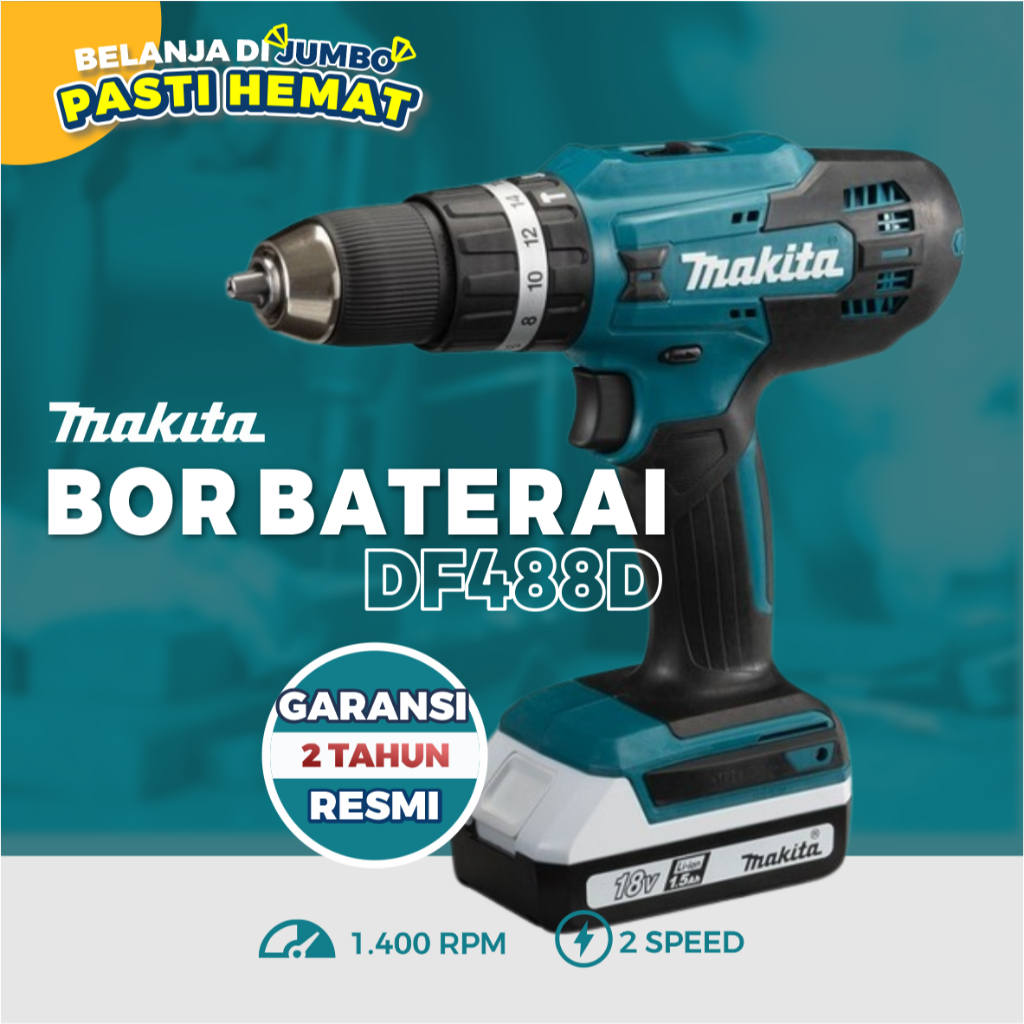 MAKITA Mesin Bor 2 Baterai DF488D Untuk Besi Beton Kayu Baja RIngan - Cordless drill 13mm18V Recharg