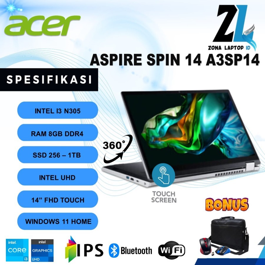 Laptop Acer Aspire 3 Spin 14 A3SP14 Core i3 Ram 8GB SSD 512GB Wuxga IPS Touchscreen Windows 11