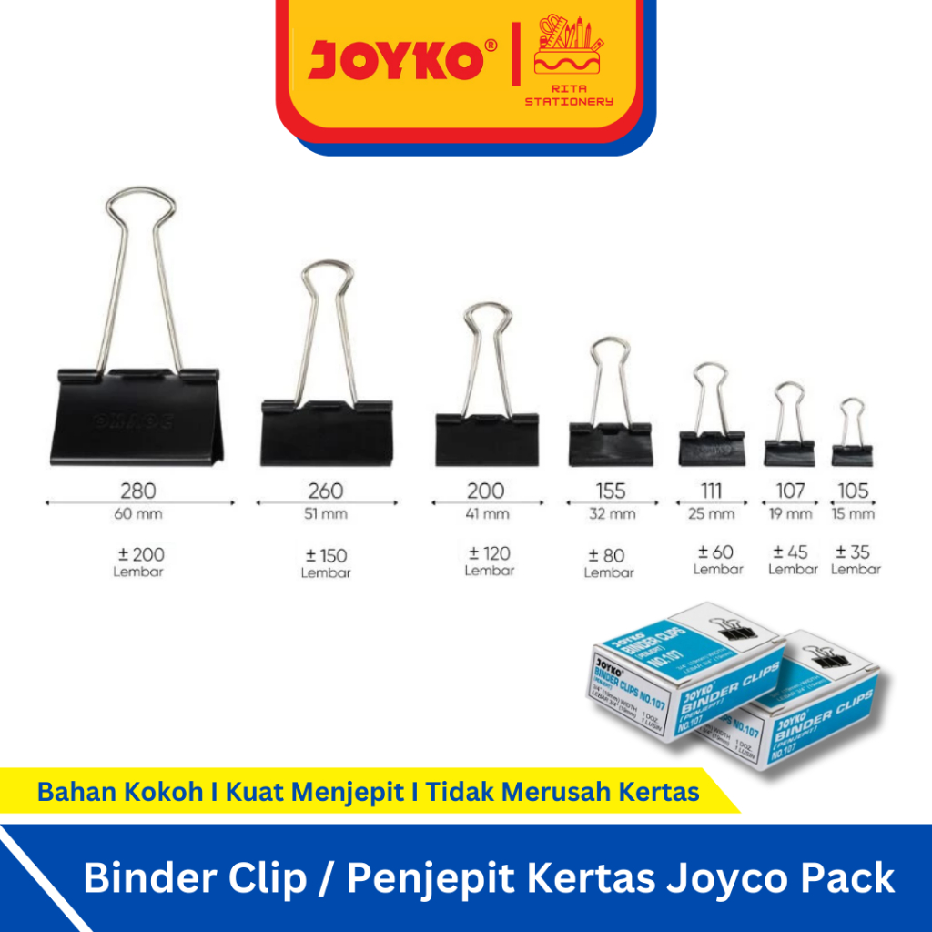 

JOYKO Penjepit Kertas/Binder Klip/Binder Clip no 260 / 200 / 155 - 1 Pack isi 12