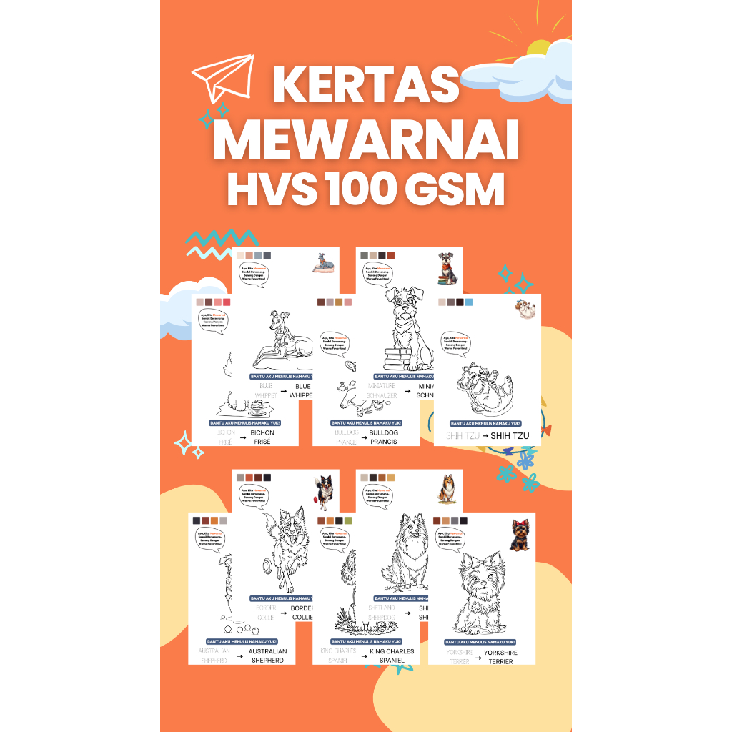 VOL.1 Kertas Mewarnai Anak/Gambar Mewarnai Anak/Buku Gambar Mewarnai Anak SD/TK/PAUD Tema Anjing