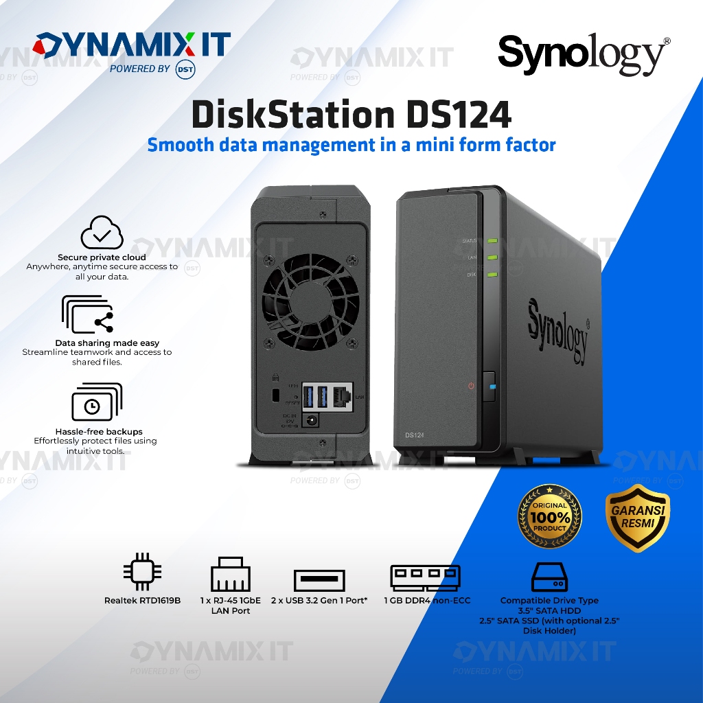 Synology NAS DiskStation DS124 1-Bay Personal Cloud NAS Storage