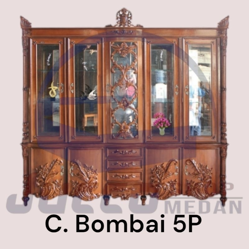 [ Jucco ] Lemari Hias 5pintu kayu Ukir - Lemari Pajangan 3Pintu Jati Jepara Murah - Lemari Kristal M