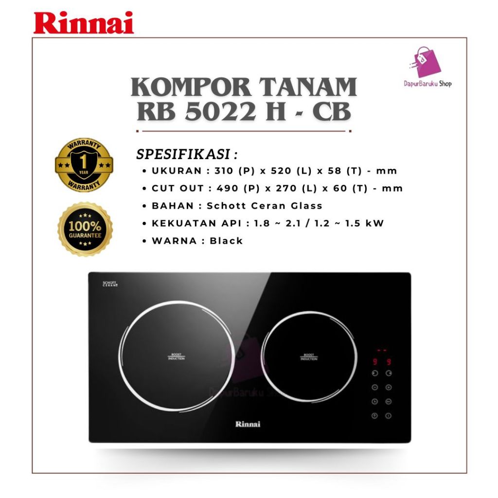 Kompor Tanam Induksi Rinnai RB-5022H-CB 2 Tungku Schott Ceran Glass