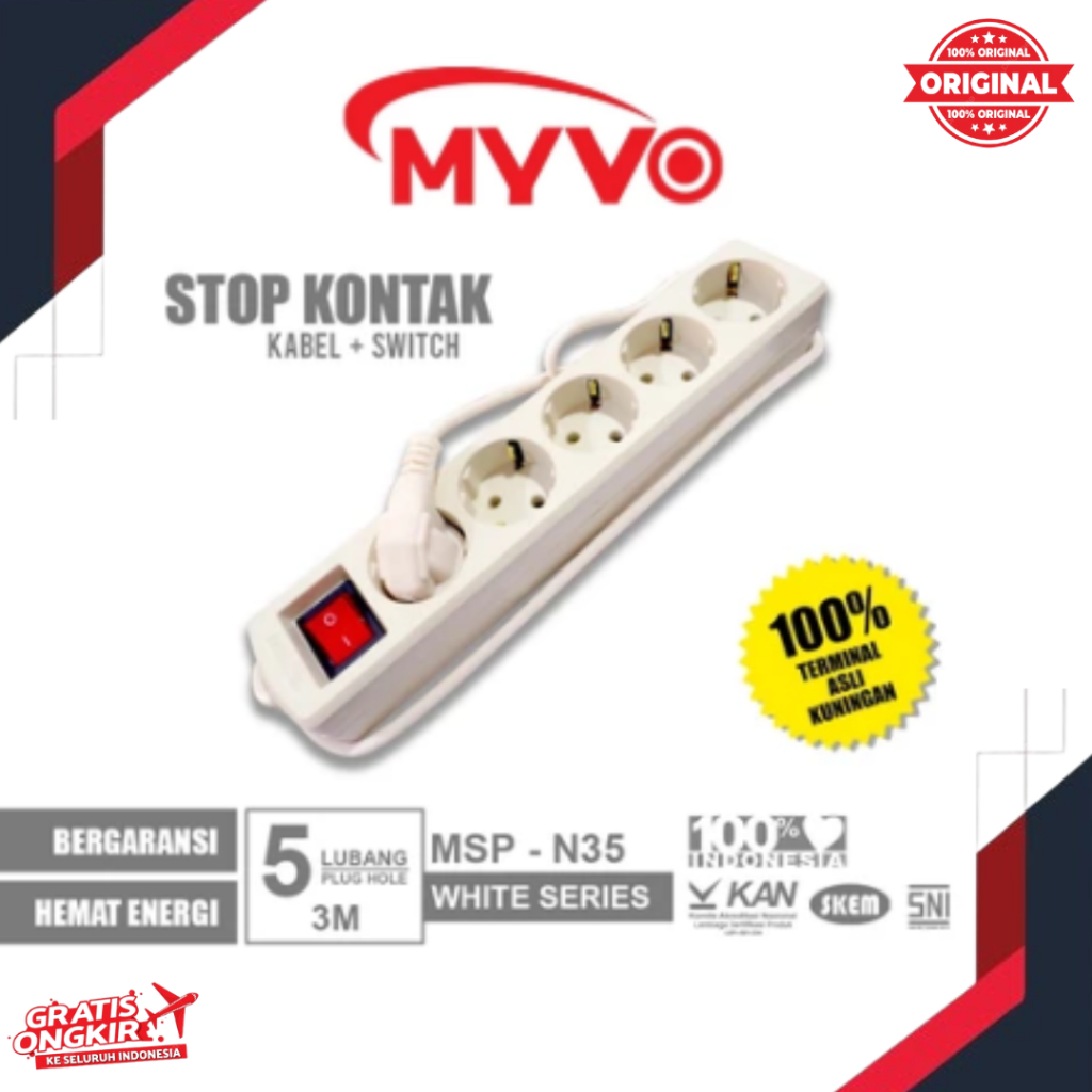MYVO Stop Kontak 5 Lubang 3 Meter MSP-N35 Putih Asli Kuningan MYVO