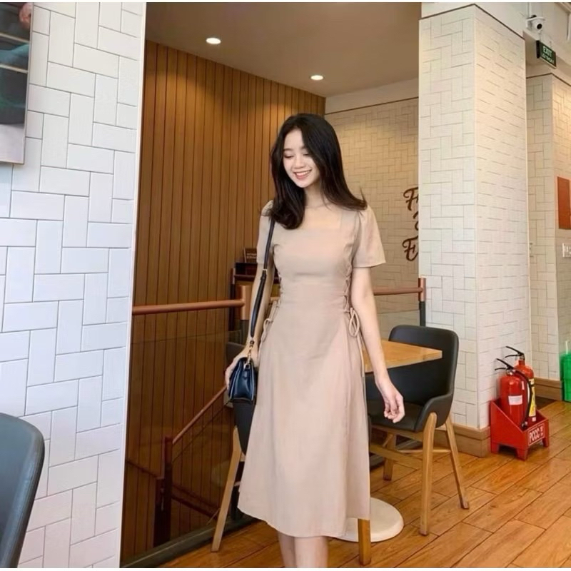 midi dres Uneck tali samping lengan pendek katun twill premium
