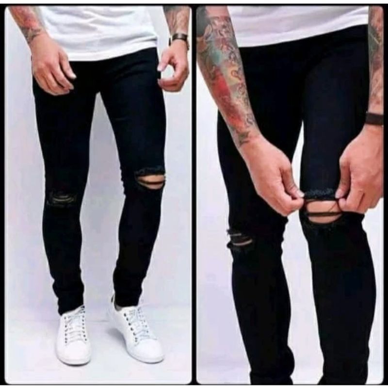 celana jeans abu sobek lutut slimpfit melar abu pria sobek lutut abu