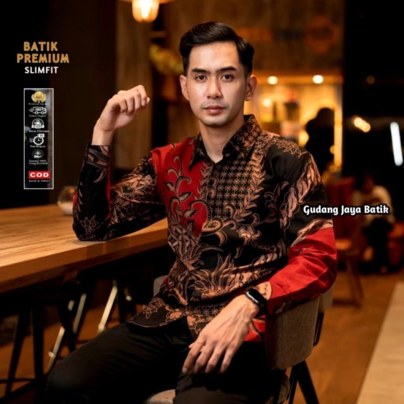 BATIK GARUDA INDONESIA Motif Emas Gibran Hem Atasan Kemeja Baju Batik Pria Cowok Laki Laki Slimfit P