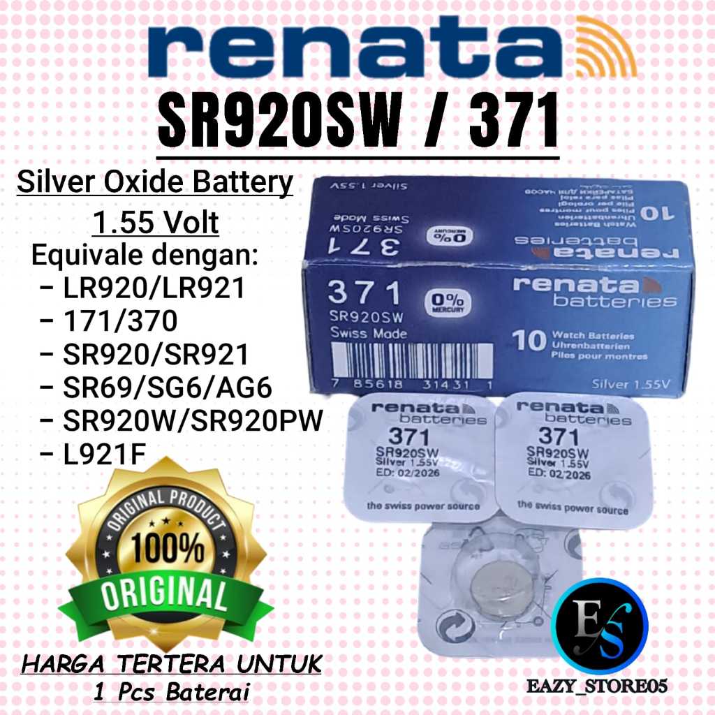 Baterai Renata 371 SR920SW Original Swiss Made Batre Jam Tangan 920 SR920 SR920W LR920 1.55 Volt