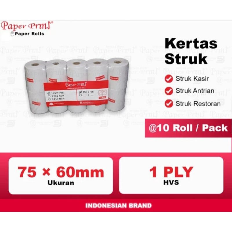

Paper Pryns Register Roll / Kertas kasir / Struk uk 75 x 65 1Ply. - Pack isi 10 Roll.