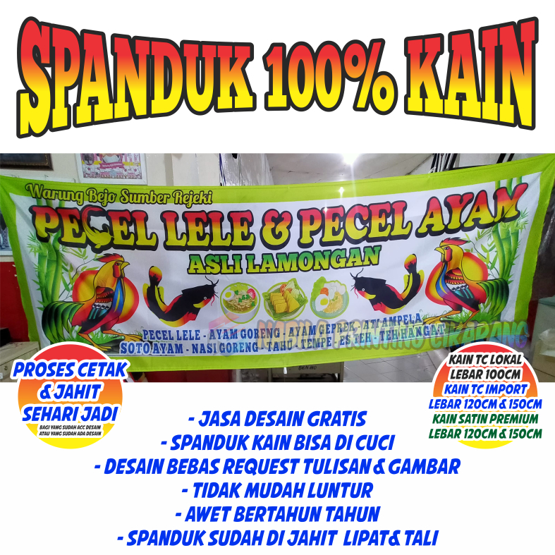 Spanduk kain pecel lele -  sari laut - lalapan - seafood - soto Lamongan - PROSES CETAK CEPAT DAN GR