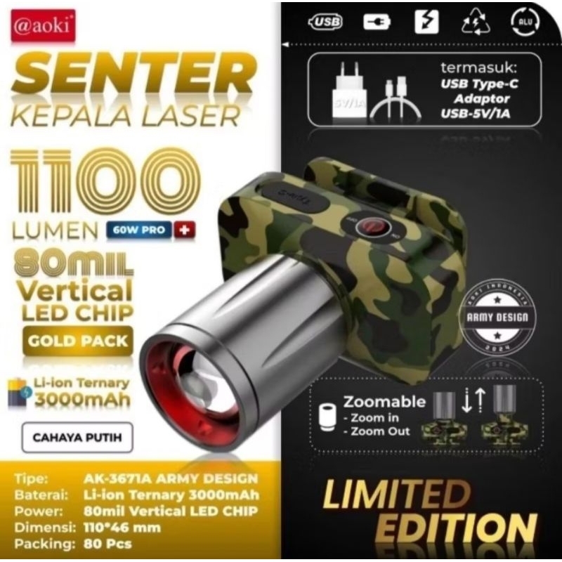 Senter Kepala Zoom Army AOKI AK-3671A/ AK-3672K 60W Cahaya Putih & Kuning