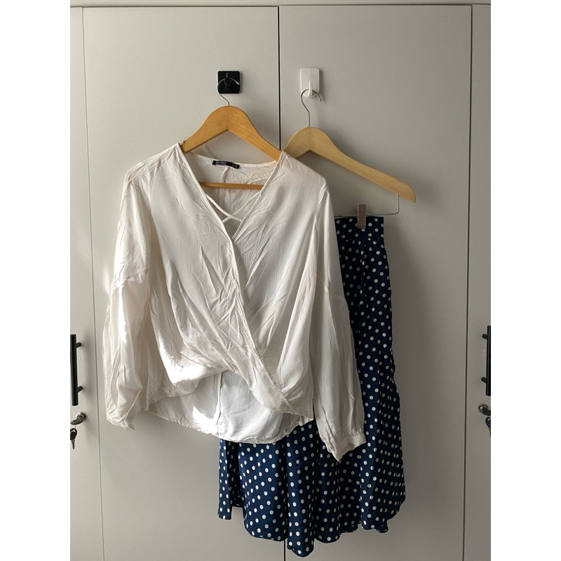 oneset blouse dan rok / blouse breshka / rok midi polkadot