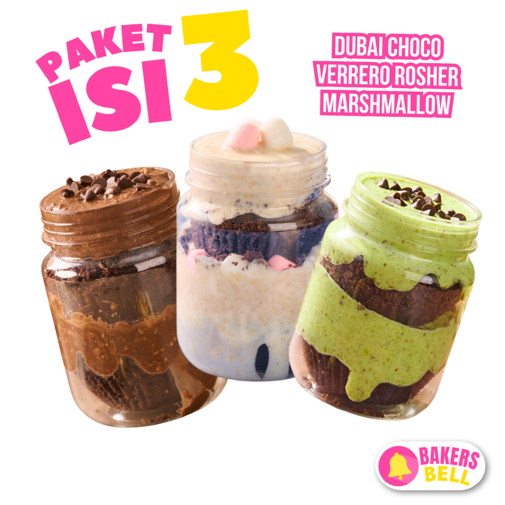 

(PAKETAN) Bundle isi 3 Brownies Jarcake Premium Bakersbell (Dubai Chocolate + Verrero Rosher + Marshmallow)