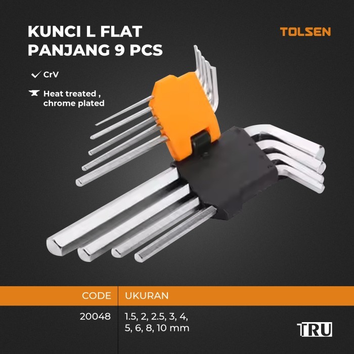 TOLSEN Kunci L Set Panjang 9 Pcs Flat CrV Industrial 20048