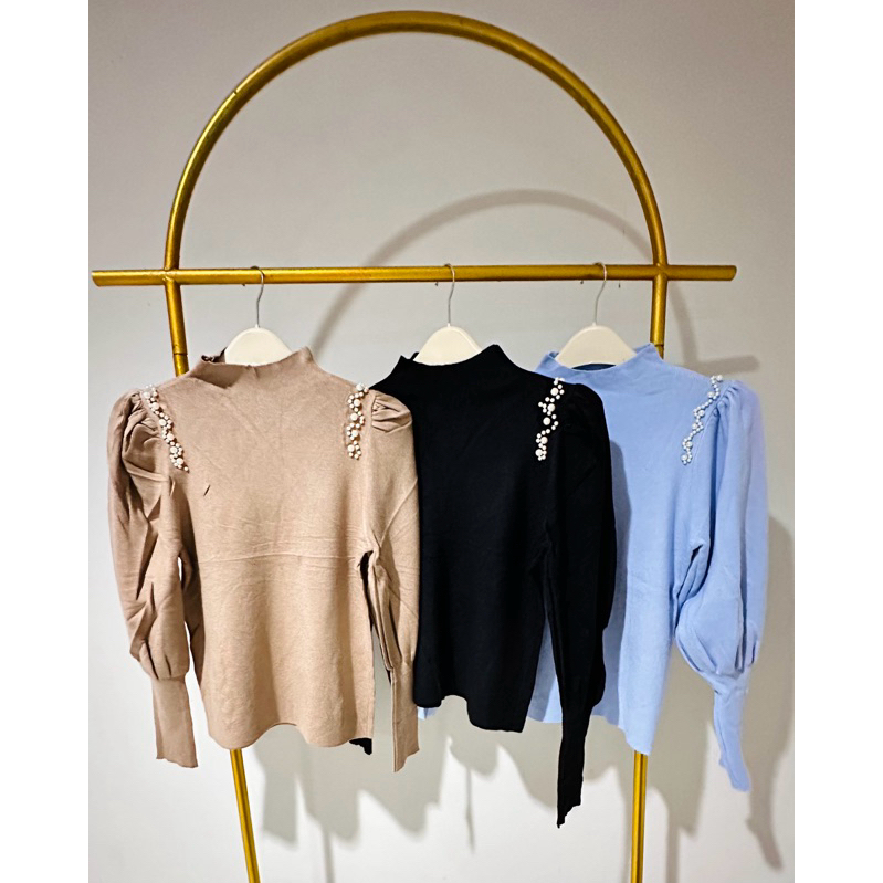 Atasan Rajut Lengan Balon Mutiara (Import BKK)