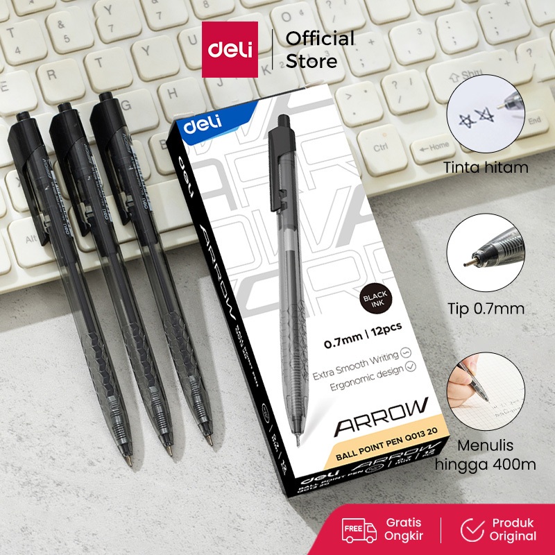 

Deli Pulpen Ball pen Cetek 0.7mm Hitam 12pcs/box Halus Smooth EQ013X0
