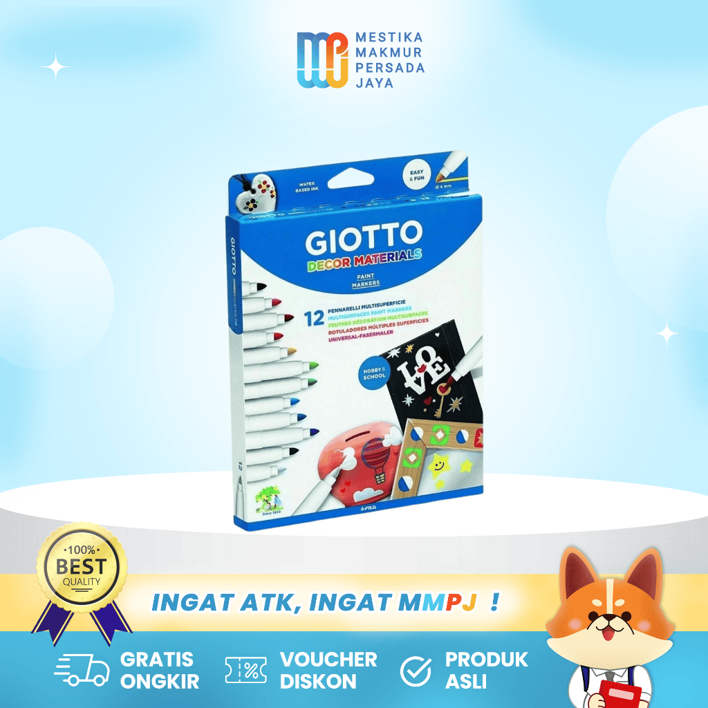 

Giotto Decor Materials - Spidol Warna Warni Isi 12 Pcs Untuk Berbagai Permukaan Kaca Kulit Tanah Liat 453400