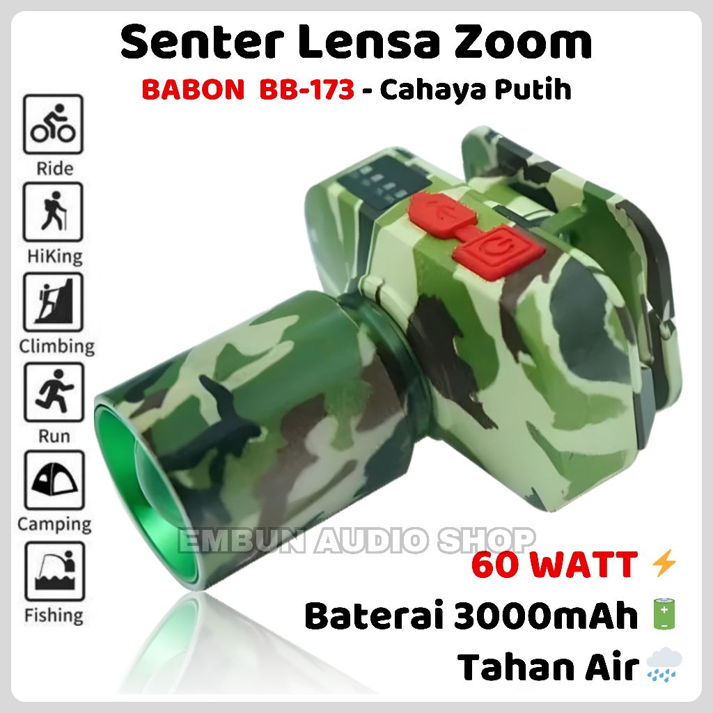 Senter Kepala Zoom Cahaya Putih Army Model BABON BB-173 Baterai 3000mAh Tahan Hingga 8 Jam Tahan Air