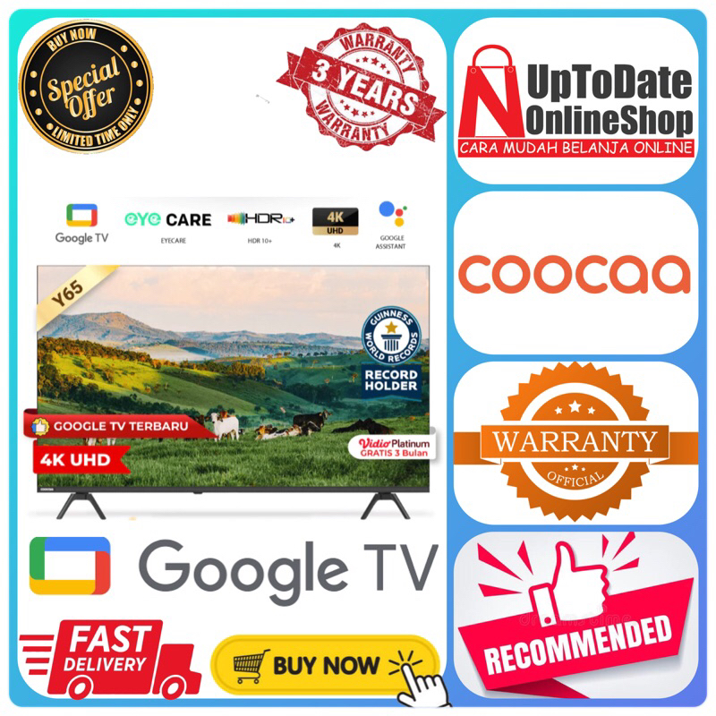 COOCAA 43 INCH GOOGLE TV 4K UHD DOLBY AUDIO EYE CARE HDR 10 FIND REMOTE COOCAA 43Y65