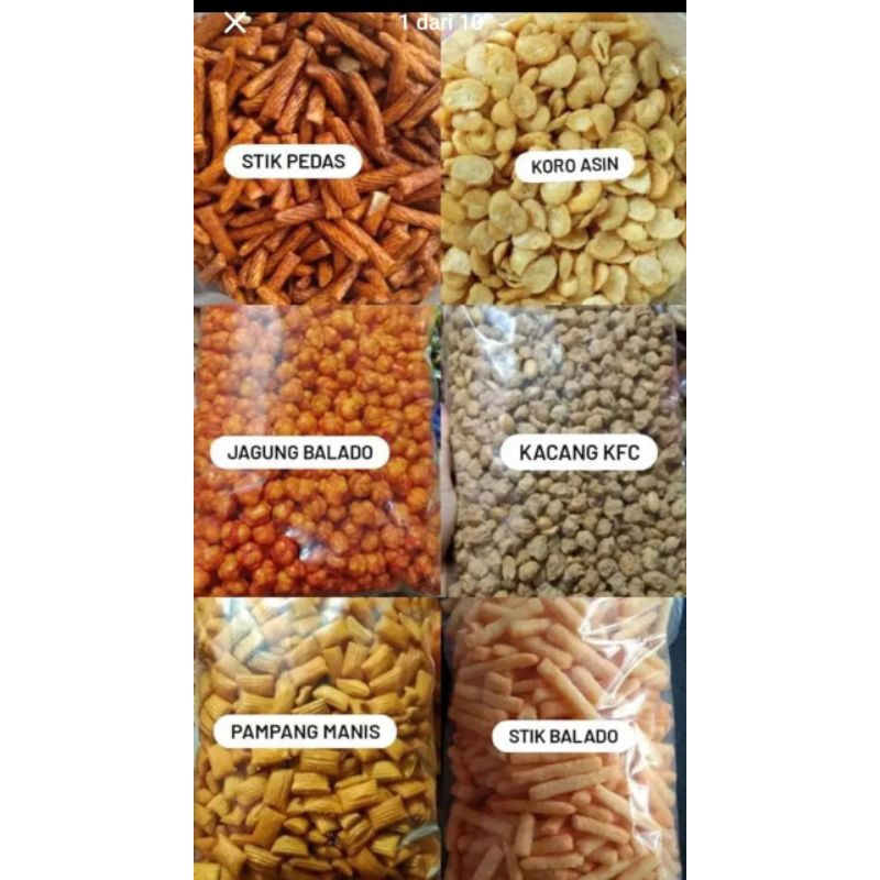 

Aneka macam snack; stik pedas, koro asin, jagung balado, kacang kfc, pampang manis, stik balado