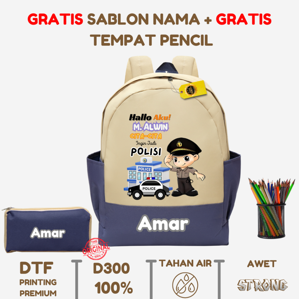 Tas Ransel Anak Polisi - Tas Ransel Sekolah Anak Karakter Polisi - Tas Ransel Custome Nama