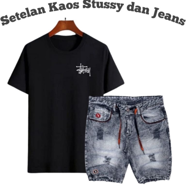 KODE S68S PROMO Terbaru Setelan kaos Stussy Distro dan Celana Sobek Pendek jeans Original Distro cel