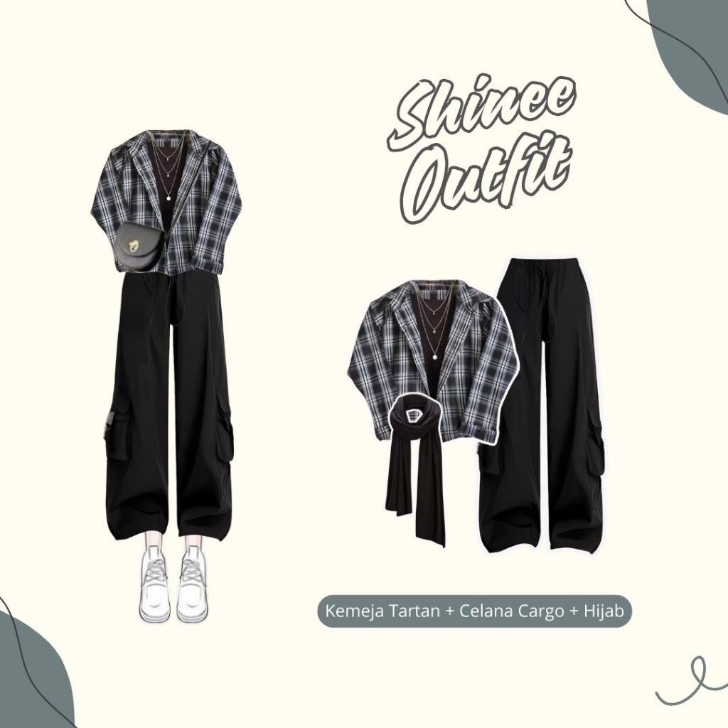 Shinee1OOTD ( Kemeja Tartan +  Celana Cargo + Hijab ) | Outfit Korean Style