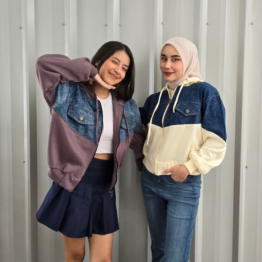 Vior V Jeans Jacket - Jaket Crop Wanita Kekinian Korean Style - Sweater Hoodie Crop Top Kece
