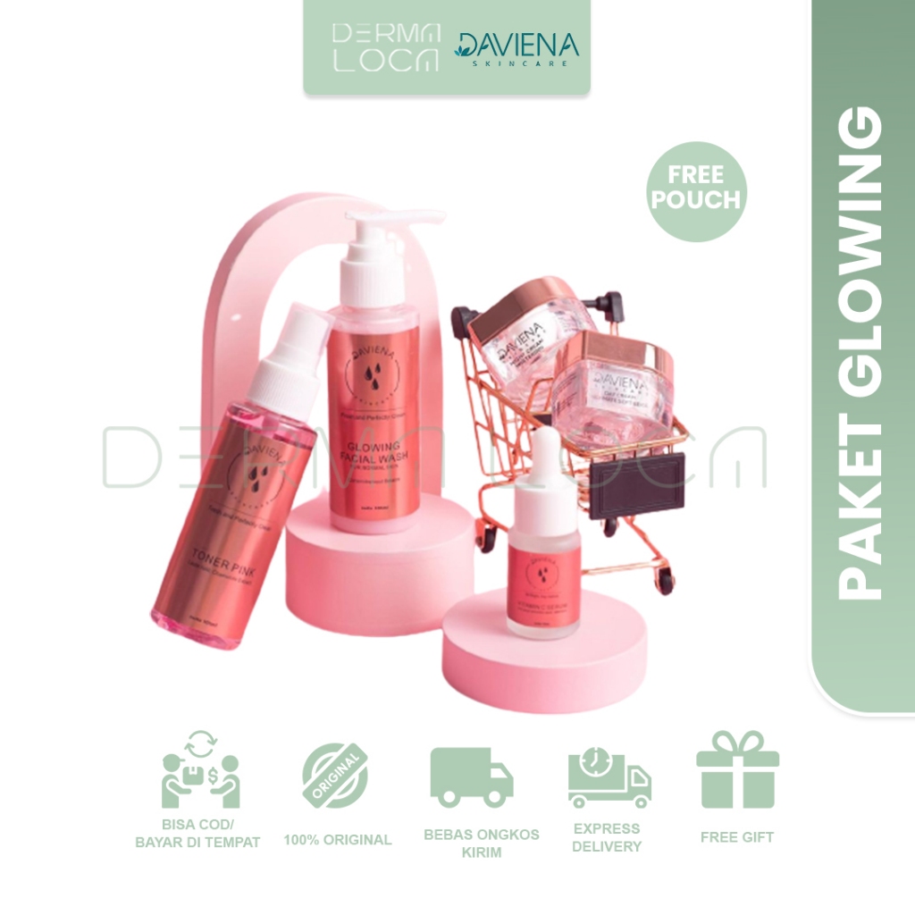 Daviena Skincare Paket Glowing Series - Paket Pencerah Glowing, Pelembab, Memudarkan Bekas Jerawat, 