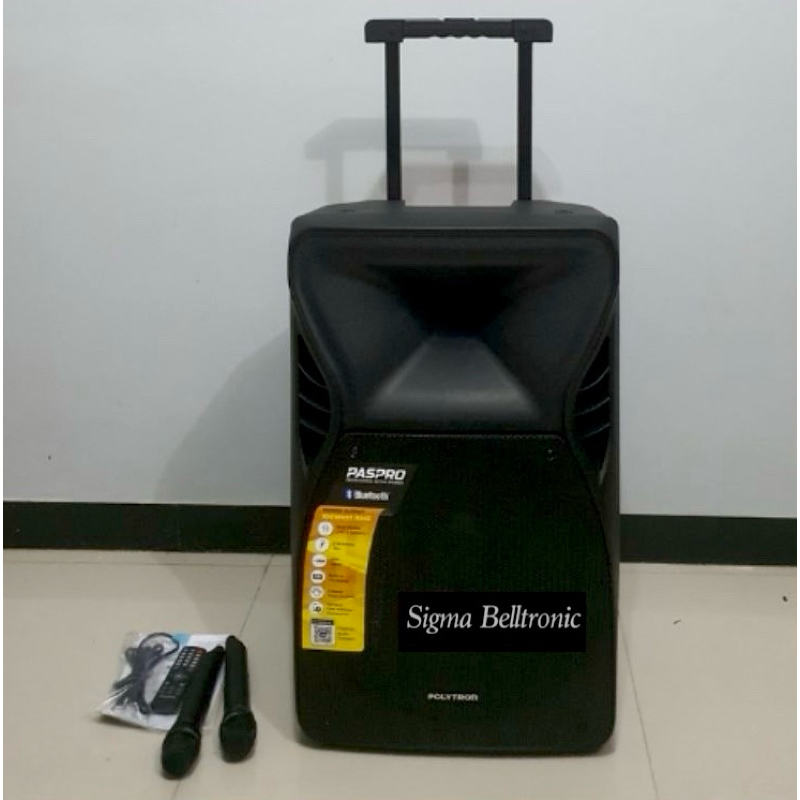 Speaker portable 15 inch Polytron PAS PRO 15F5. Bluetooth, 2 Mic Wireless, USB, FM Radio, Remote con