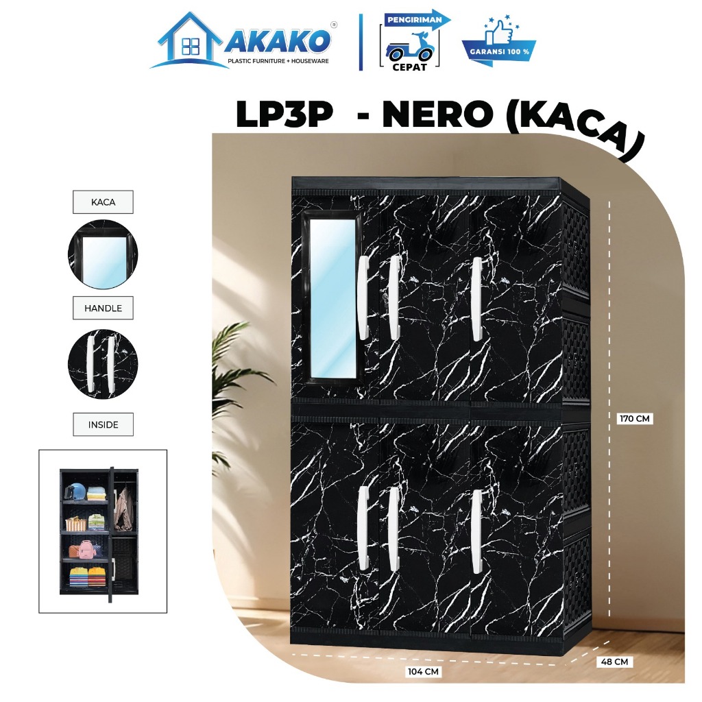 AKAKO - LEMARI PAKAIAN LEMARI PLASTIK 3 PINTU LEMARI JUMBO MOTIF VIP  - Kode : LP3P-VIP