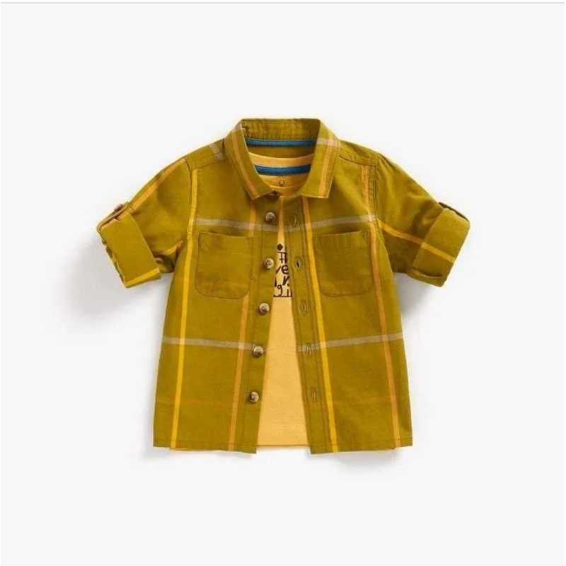 MOTHERCARE green checked shirt and dino t-shirt set babyboy, kemeja mix kaos anak bayi laki-laki