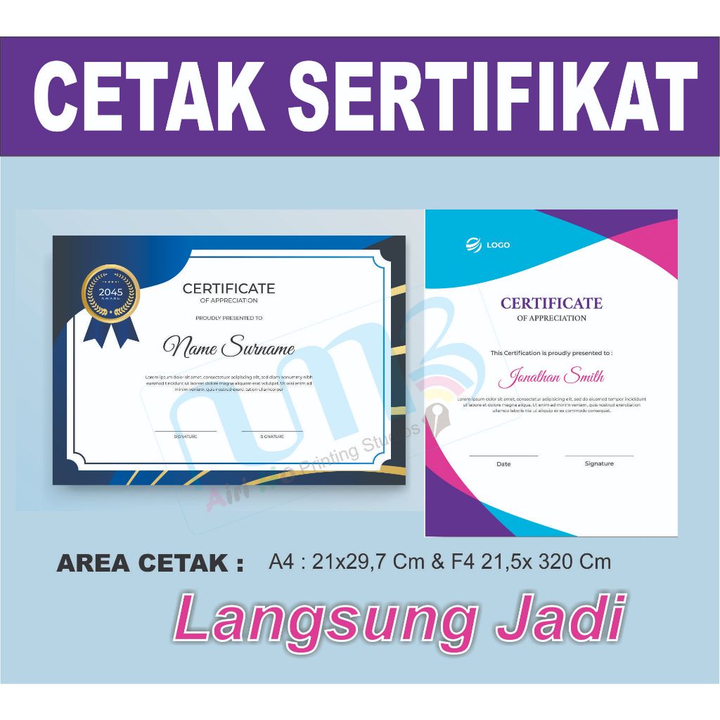 

CETAK PRINT SERTIFIKAT PIAGAM HARGA MURAH A4 BAHAN LINEN F4