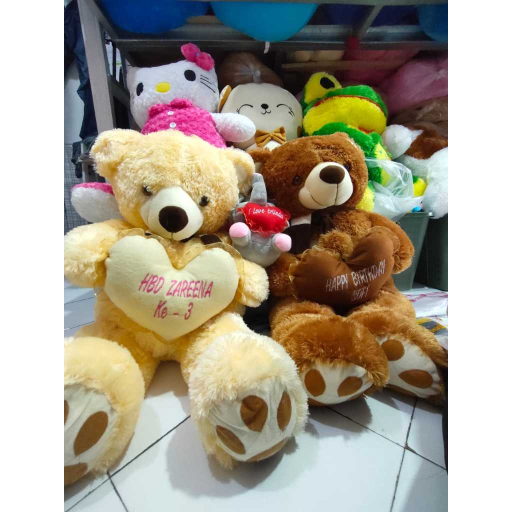 Boneka Bear Beruang Syal Love Coklat Cream Besar 1 Meter Ukir Nama Ucapan Cetak Foto untuk Kado Ulan
