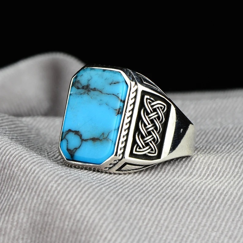 Cincin Silver Kotak Persegi Batu Sintetis Biru Turkis / Cincin Segi 8 Persegi Mata Batu Mirip Pirus 
