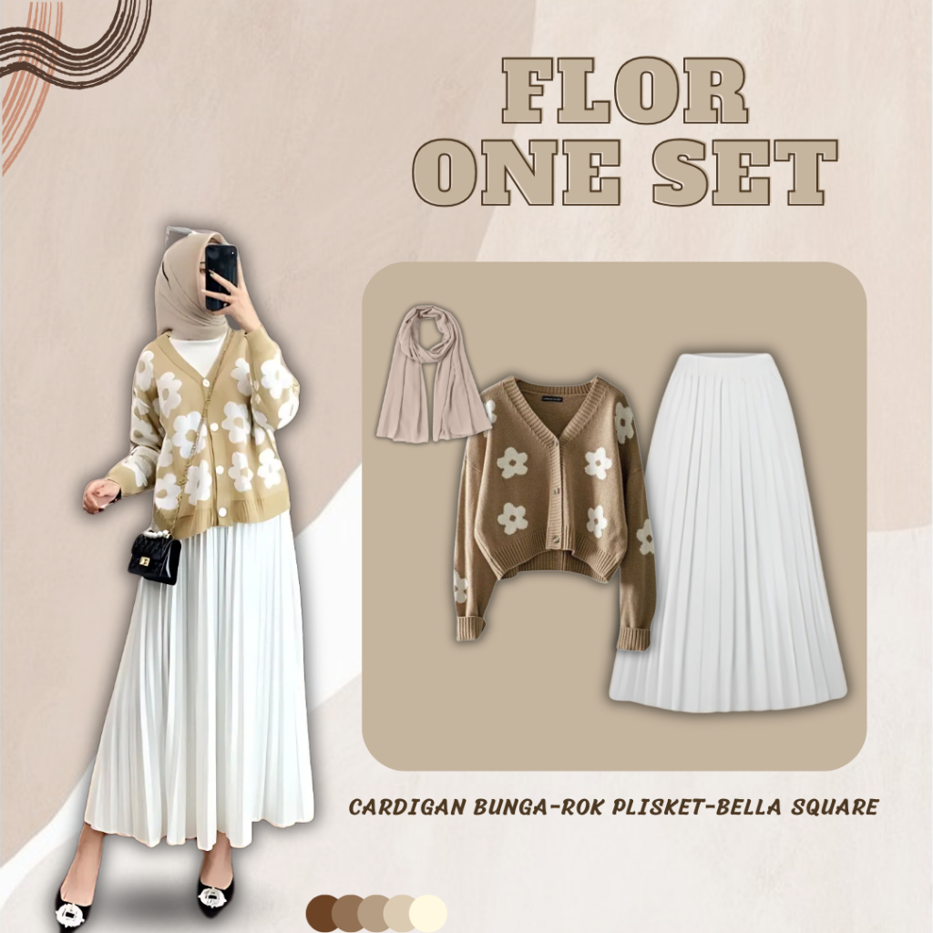 One Set 3 in 1 Flor Terbaru Dengan (Cardigan Rajut Bunga, Rok Plisket Dan Hijab Bella Square) Inspo 