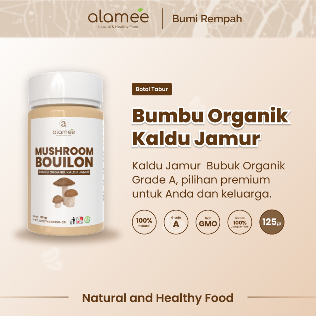 

ALAMEE Kaldu Jamur NON MSG Mushroom Powder Bubuk Bumbu Dapur Organik Praktis Tabur Seasoning 125gr