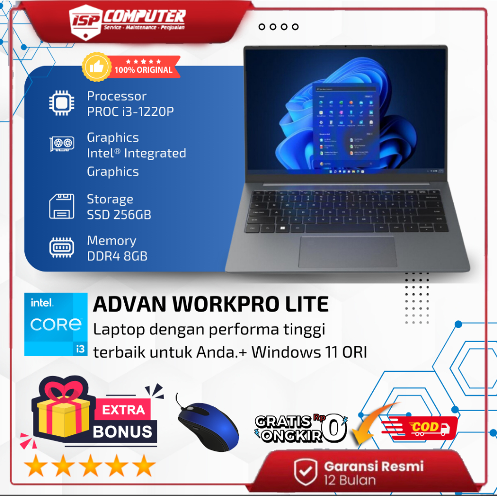 ADVAN Laptop Workpro Lite Intel Core i3-12450H / Intel Core i3 / 14”IPS FHD 8GB 256GB Windows 11 - I