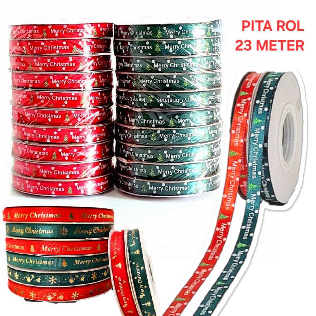 

25yard 1cm Pita Rol Kain Merry Christmas Dekorasi Natal Hiasan Parcel Pita Kado Natal Murah Grosir
